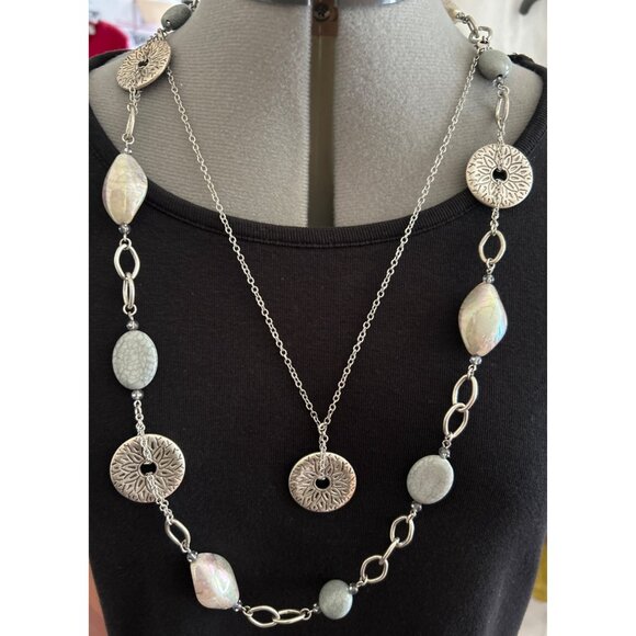 Premier Designs Marine Silver-Tone Disk Necklace With Beads Removable Layer 36” - Picture 1 of 4